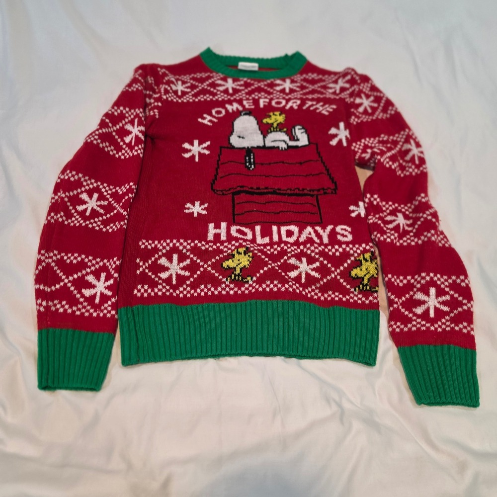 Peanuts Snoopy Christmas Sweater XS Red Green Home for the Holidays Excellent